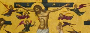 Image of blood issuing from side of the crucified Lord being caught in a chalice